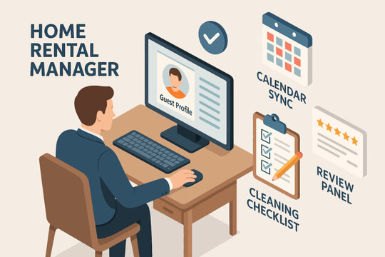 Home rental manager interface: calendar sync and guest review features