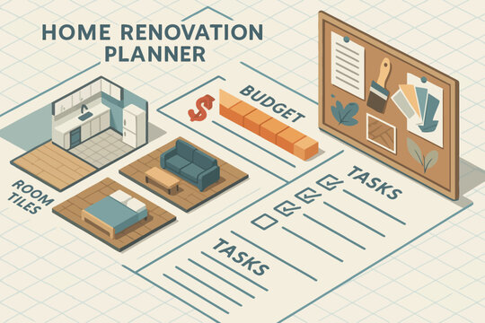 Home renovation planner layout with budget and task organizer in isometric style