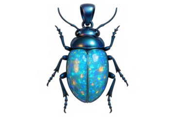 Beetle pendant jewelry crafted with iridescent blue opal and metallic finish, representing nature and elegance on transparent background