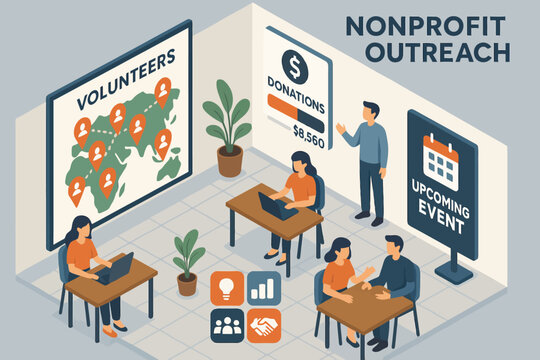 Nonprofit outreach effort with volunteers and donations focused on upcoming event