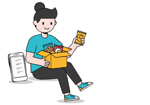 A young woman enjoys a snack while browsing an online food delivery app. She?s smiling and holding a box of snacks, showcasing a modern, convenient lifestyle. Bright, cheerful illustration.