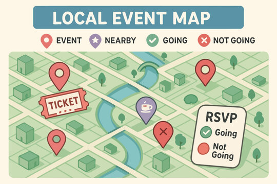 Local event map with rsvp status and ticket icons