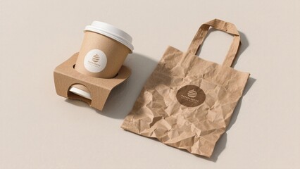 Kraft paper coffee cup, holder, and crumpled bag takeaway packaging mockup. Eco-friendly branding concept on neutral background.