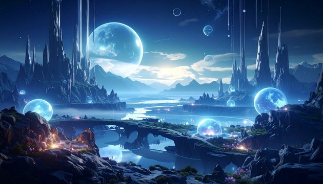 Mystical virtual realm featuring crystalline landscapes, levitating data streams, and glowing spheres hovering in serene otherworldly balance.