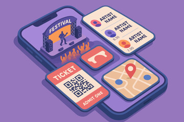 Music festival app interface with concert schedule and digital ticket
