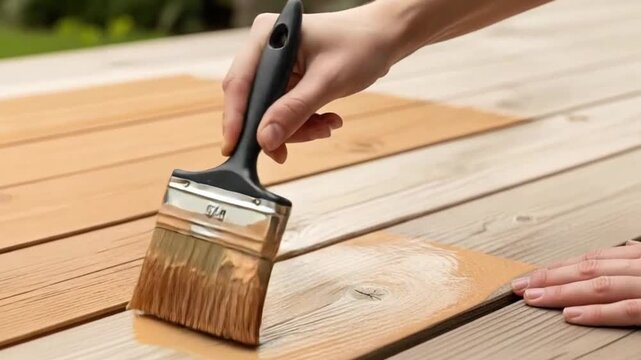 Person painting wooden deck boards with a brush in an outdoor setting