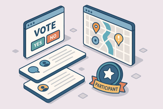 Online voting and participation concept with maps and communication elements