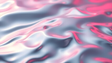 Abstract flowing iridescent liquid with pink and silver colors, smooth and wavy surface, modern artwork