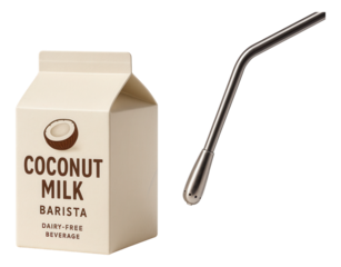 Coconut milk in a small, wide-mouthed carton, labeled for barista use, positioned next to a steaming wand.