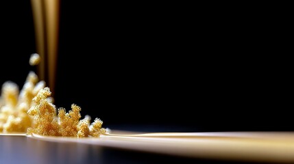 Golden granular particles form intricate, coral-like structures on a dark surface, illuminated by soft light streaks.