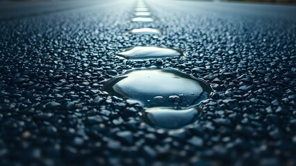 Water droplets on asphalt reflecting light, a road to new beginnings and possibilities