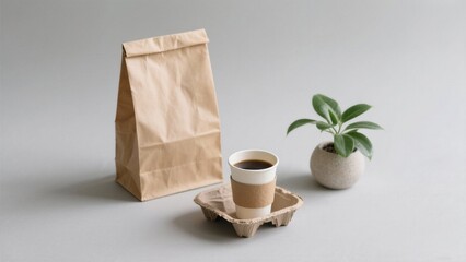 Takeaway coffee cup, brown paper bag, and small plant on a minimalist grey background