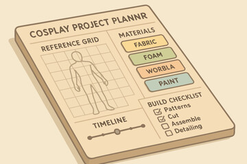 Fototapeta premium Cosplay project planner layout with materials and checklist for crafting