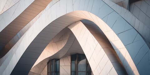 Abstract modern architectural detail featuring graceful metallic curves and arched windows.