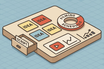 Isometric content creation planner with filming schedule and script organizer