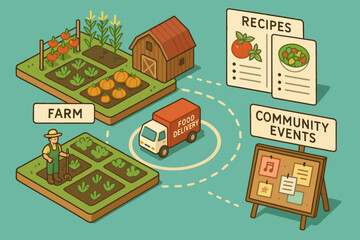 Sustainable farming community: farm, food delivery, recipes, and events