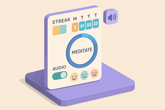 Minimalist meditation tracker with audio and mood features in soft colors