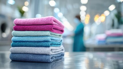 Stack of vibrantly colored clean towels in a professional laundry service facility