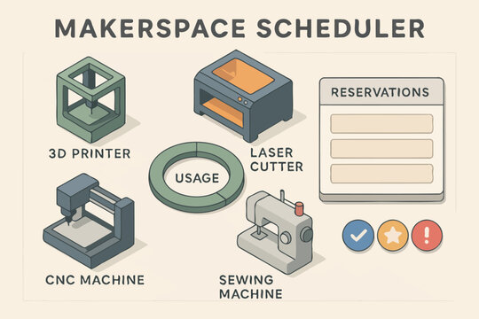 Makerspace scheduler with 3d printer, laser cutter, cnc, sewing machine, and reservations