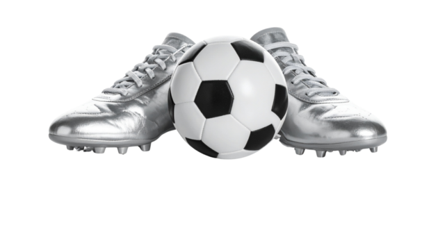 Black and white soccer ball with shoes isolated on white background