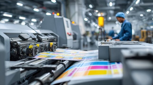 Professional label printing service in focus with industrial machine and operator