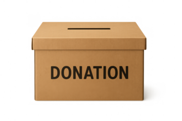 Cardboard donation box for charity fundraising and collecting contributions, offering help and financial support, transparent background
