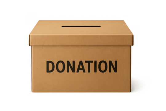 Cardboard donation box for charity fundraising and collecting contributions, offering help and financial support, transparent background