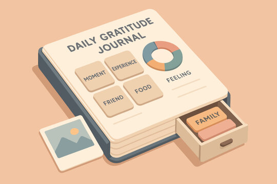 Daily gratitude journal with colorful graph and family drawer on pastel background