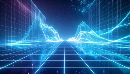 Magical VR environment with translucent grids, radiant particles, and softly pulsating neon waves forming surreal architecture in infinite digital space