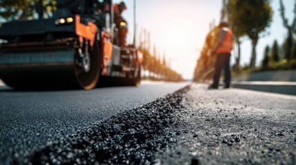 Close-up of new asphalt being paved by a road roller on a sunny day.