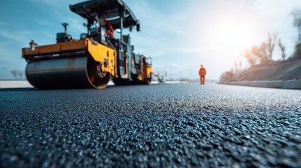 Road roller compacting freshly laid asphalt during professional paving work.