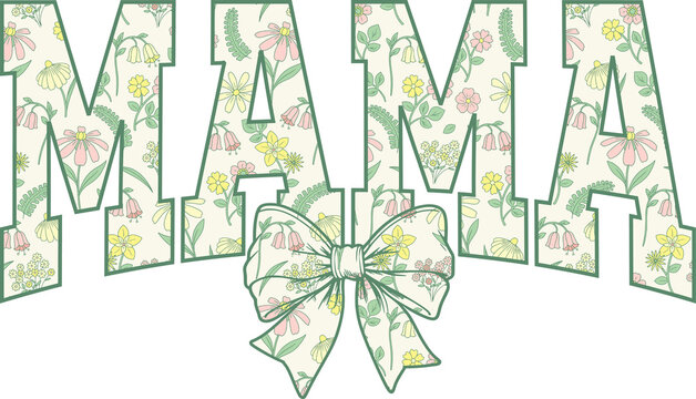 pastel flower coquette mama png, sublimation design, dtf dtg transfer, mug t shirt print, vintage cream and green garden, ribbon bow