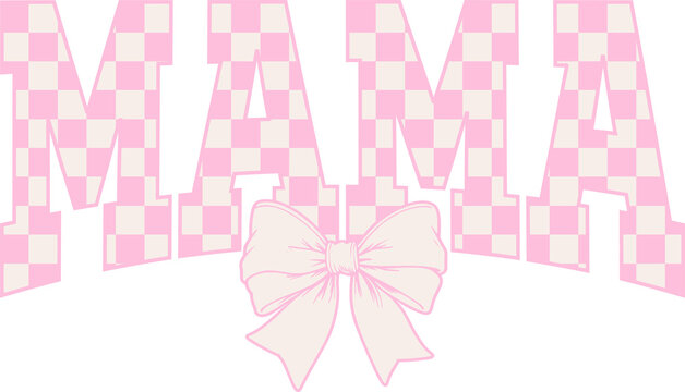 Pink retro checkered coquette mama png, sublimation design, dtf dtg transfer, mug t shirt print, vintage pink and dirty white grid, ribbon bow