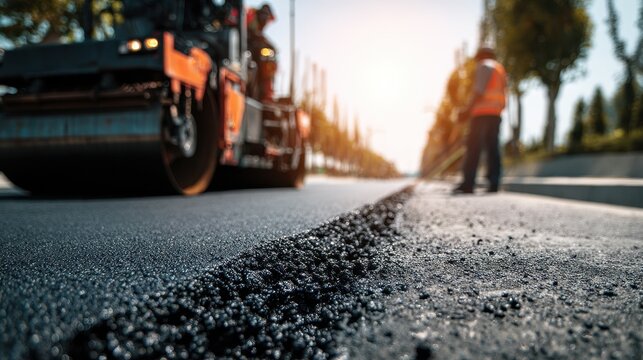 Fototapeta Close-up of new asphalt being paved by a road roller on a sunny day.