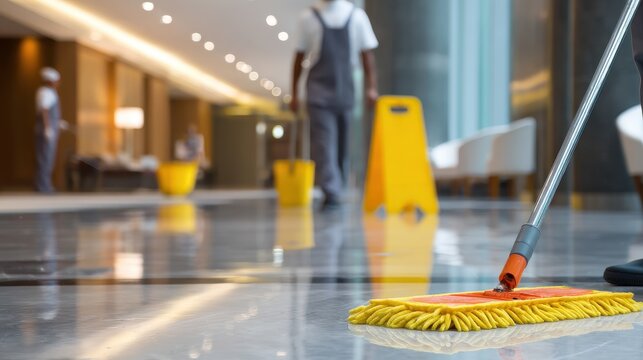 Housekeeping team cleaning and maintaining the pristine floors of a hotel lobby