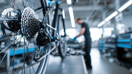 Detailed close-up of a bicycle cassette and derailleur in a repair shop