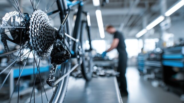 Detailed close-up of a bicycle cassette and derailleur in a repair shop