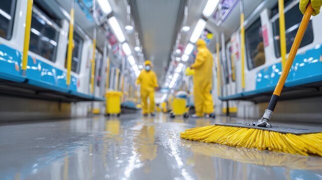 Professional workers cleaning and disinfecting a subway train interior.