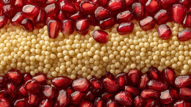 An artistic close-up macro shot of couscous grains and pomegranate reflections - Powered by Adobe