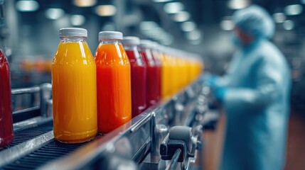 Variety of Juices Bottled on a Modern Production Line Conveyor