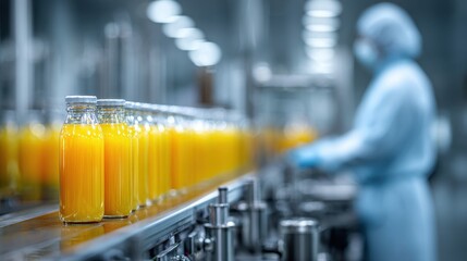 Fresh Orange Juice Bottles Moving Along a Factory Conveyor Belt
