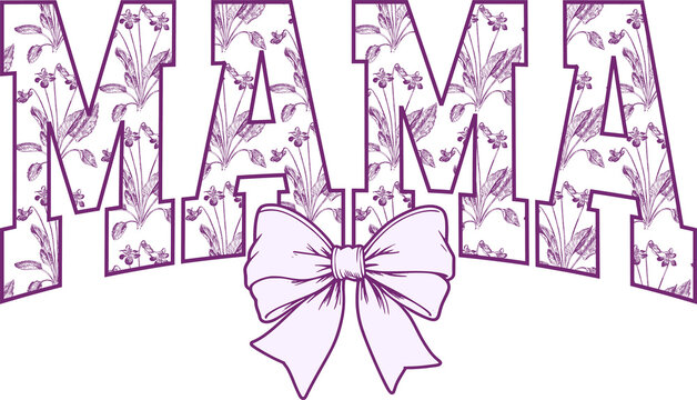 Violet coquette mama png, February birth month flower, sublimation design, dtf dtg transfer, mug t shirt print, flowers leaves botanical, vintage sketch, floral ribbon bow