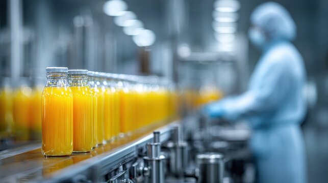 Fresh Orange Juice Bottles Moving Along a Factory Conveyor Belt
