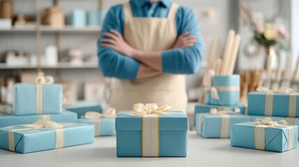 Stack of beautifully wrapped blue gift boxes with yellow ribbons