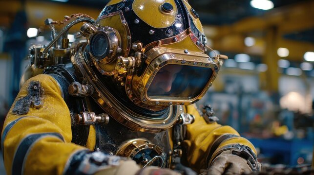 Professional underwater welder in heavy deep-sea diving suit.