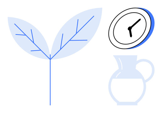 Delicate plant leaf, minimalist clock, and simple jug suggest themes thumbs up growth, time efficiency, nature, sustainability, minimalism, eco-friendliness, and mindfulness for a simple flat