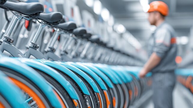 Long rows of blue and orange shared bikes awaiting maintenance in a facility.