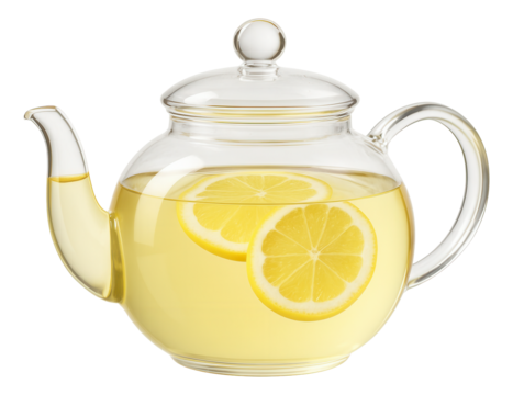 Clear glass teapot filled with pale lemon tea, thin lemon slices floating on the surface.