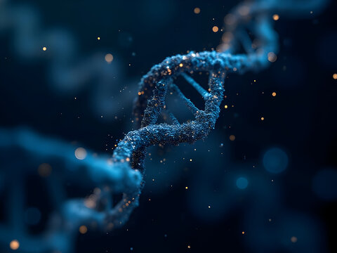 Futuristic DNA double helix structure with tariff policy genes and economic growth mutation points highlighted on dark gradient genetic analysis holographic interface