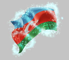 Azerbaijan, vector 3d flag in whirlwind of magical radiance